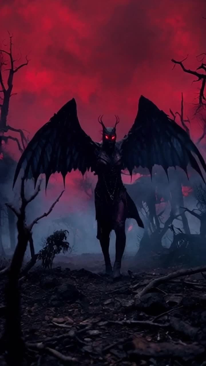 Shadowy figure with crimson eyes and twisted wings emerges from darkness Exuding an aura of malevolence as it prowls across the scorched earth Surrounded by an eerie landscape of blackened trees and swirling mists under a bloodred sky