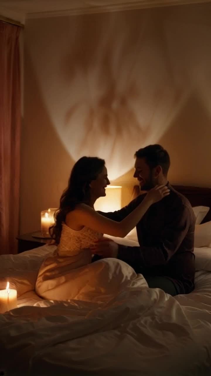 Couple entwined in passionate embrace exploring each others bodies, soft lighting casting a warm glow on sensuous curves and gentle movements, intimate atmosphere filled with soft whispers and muffled laughter, luxurious silk sheets draping over a plush bed, flickering candles creating shadows that dance across the walls, music playing softly in the background enhancing the mood, an enchanting setting that invites closeness and connection