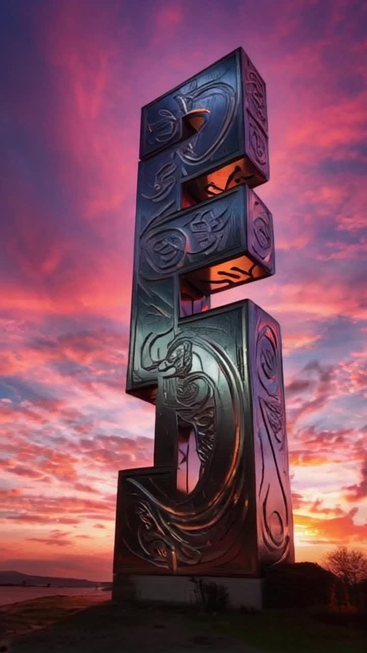 TihTowering letter T, gleaming metallic surface, intricate engravings, mesmerizing design, powerful energy radiating from its core  Soaring upward, twisting with elegance, casting dramatic shadows on the ground  Sunset skyline behind, vibrant colors splashing across the horizon, clouds painted in pinks and oranges, casting a warm glow on the scene