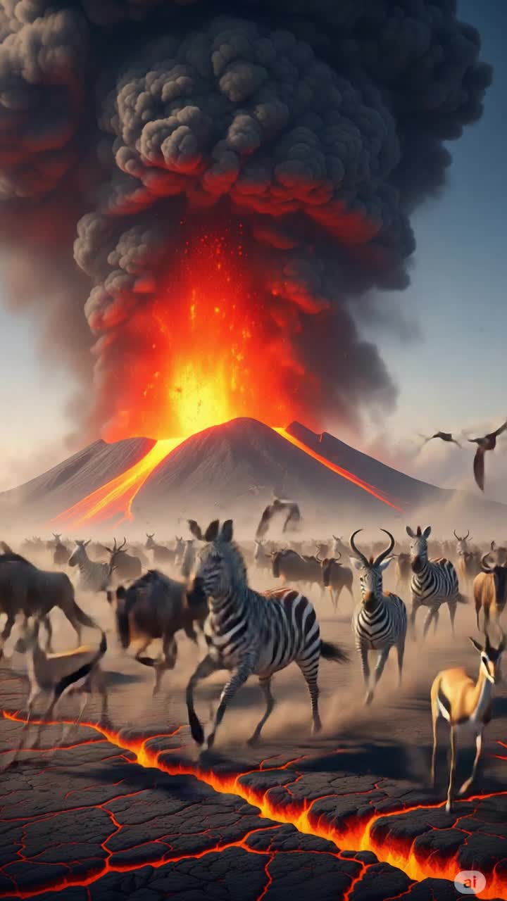 A dramatic timelapse video capturing the intense eruption of a volcano, spewing fiery lava flows down its slopes In the foreground, herds of diverse African wildlife, including zebras, wildebeest, and gazelles, gallop in panic across cracked, glowing volcanic terrain, fleeing the approaching inferno The sky above is choked with massive plumes of dark ash, while birds scatter in disarray The light transitions from an ominous twilight to a fiery, lava lit night, emphasizing the chaotic and powerful natural event