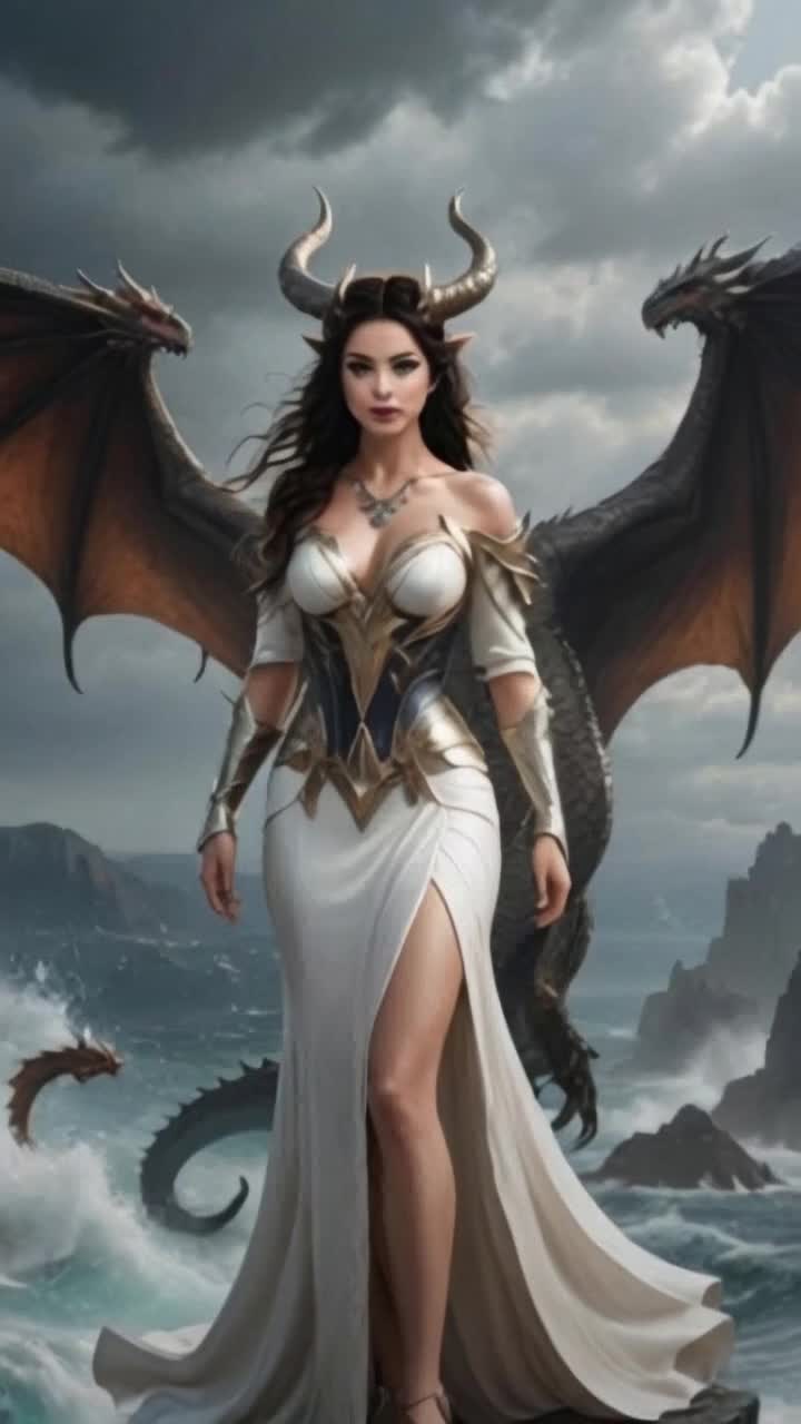 Majestic radiant dragon goddess with iridescent scales glimmers in sunlight Strong wings poised gracefully at her side Surrounded by gentle waves shimmering like liquid silver Breeze tousles her flowing hair woven with seashells A vibrant horizon stretches beyond where sky meets ocean hues of pink and gold blending at dusk Ethereal glow radiates from her enchanting form illuminating the surroundings As she gazes across the horizon her eyes reflect ancient wisdom and power Ocean creatures dance joyfully beneath the waters surface celebrating her presence