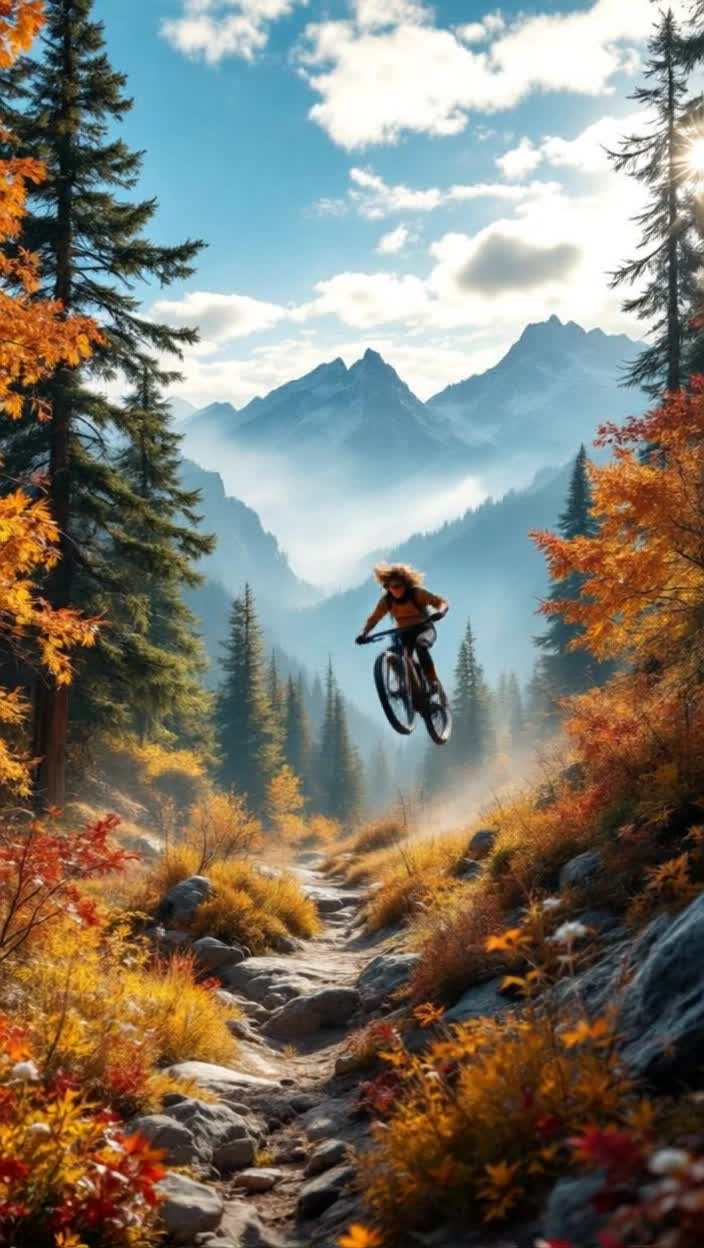 Daring mountain biker soaring over rugged trails gliding effortlessly through vibrant foliage reflecting autumn hues windswept hair whipping in exhilaration surrounded by towering ancient trees with mist rolling off majestic peaks sunlight filtering through a stunning canopy of colors wildflower blooms dotting the path adding bursts of color to the earthy tones vibrant blue sky overhead with wispy clouds drifting lazily