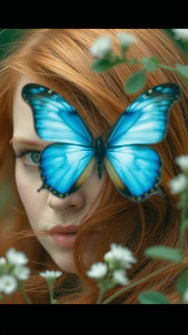 Beautiful red head woman, looking into camera, while a beautiful blue butterfly flys into frame and lands on her head, her hair blowing slightly, the butterfly slightly moves its wings while its landed
