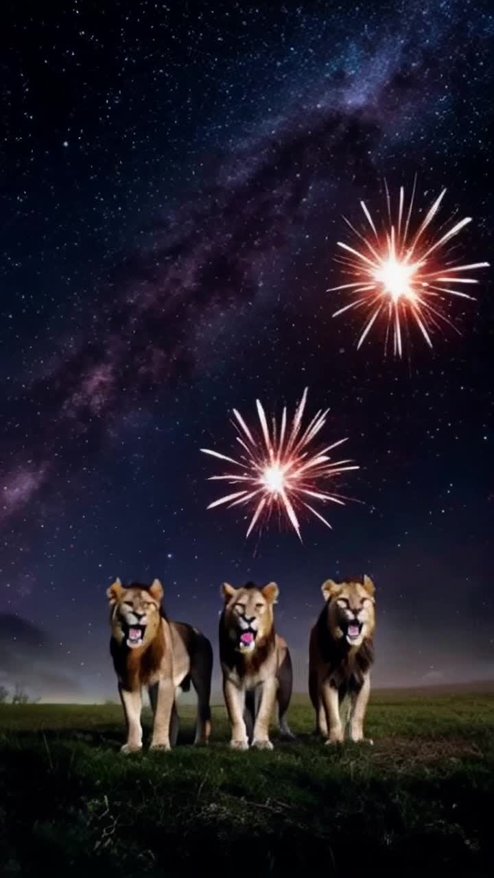 Majestic lions roaring in unison brilliant stars shimmering overhead vibrant cosmic explosions lighting up the night sky