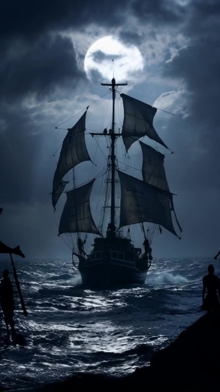 Legendary ghost ship shrouded in ethereal mist sails through turbulent waves with tattered sails billowing ominously beneath a glowing halo of shimmering light haunting presence looms closer haunting melodies echo across the stormy sea as dark clouds swirl above foreboding atmosphere thickens with anticipation eerie silhouettes of shadowy figures appear onboard striking fear into hearts of sailors as ship glides past lost souls whisper warnings of impending doom captivating narrative of despair unfolds on treacherous waters forever haunted quest of cursed vessel seeks freedom beneath a moonlit sky shimmering ripples reflect its ghostly visage