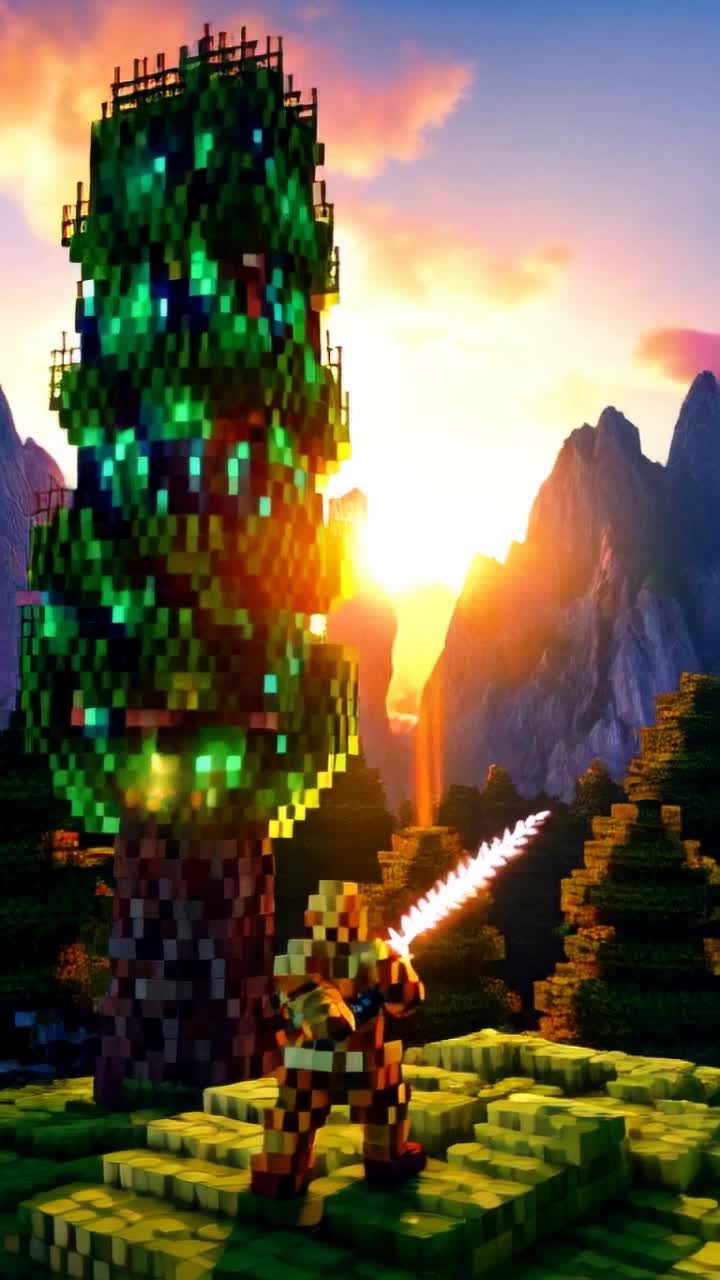 Emeraldgreen creeper pulsating with electric energy towering beside pixelated hero in gleaming armor gripping diamond sword poised for battle Dynamic explosion erupting sending vibrant particles soaring in dazzling burst of colors cascading like digital fireworks Lush blocky landscape filled with towering trees swaying gently under breathtaking sunset casting warm golden glow over entire scene Majestic mountains rising sharply on horizon creating epic adventure tableau bursting with anticipation and excitement