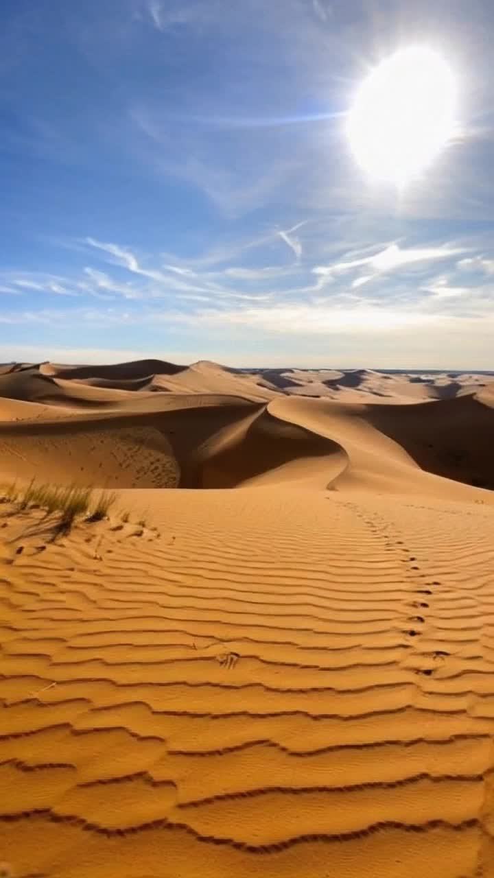 Rippling dunes of golden sand sculpted by time whispering winds caressing each crest shifting gracefully under a radiant sun Tendrils of wind dance across the surface creating ephemeral patterns like brushstrokes Azure skies stretch infinitely overhead accentuating undulating formations rising and falling Shadows play lightly as grains cascade down like tiny diamonds glistening in sunlight Footprints of wanderers etched momentarily before erasure reminding of natures seamless artistry Sparse tufts of resilient grass cling stubbornly to life