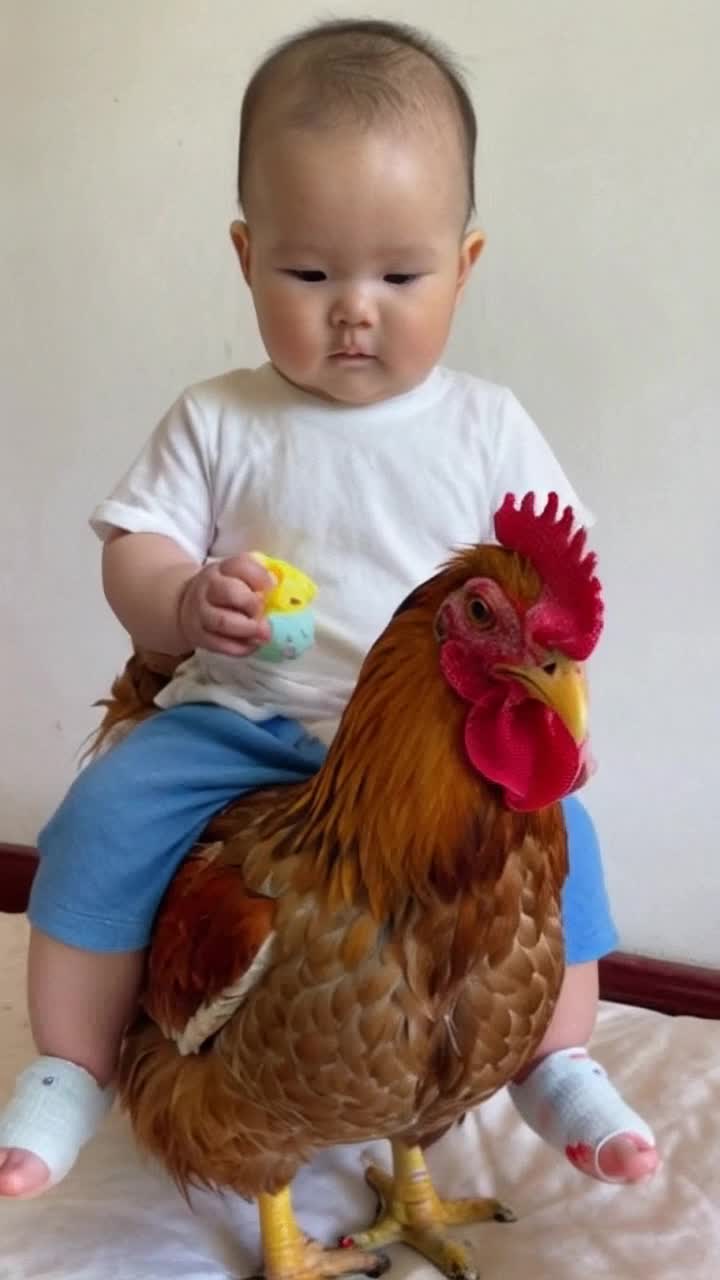 Cute baby sitting on hen 