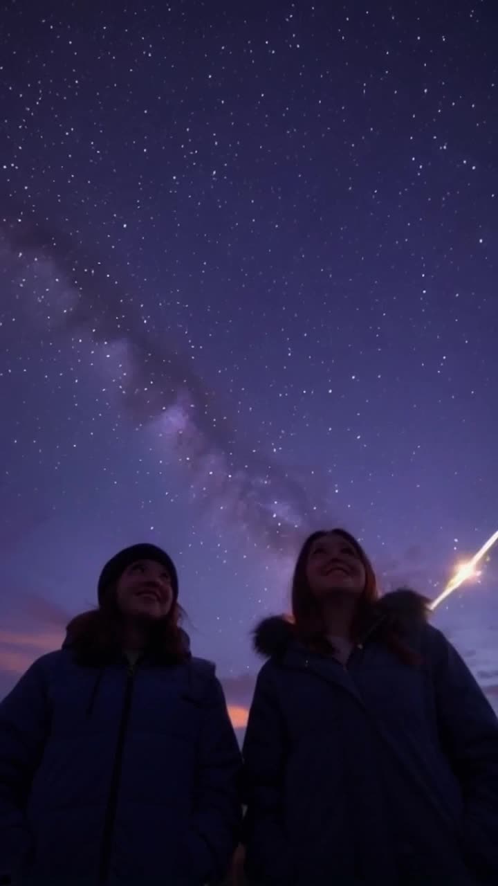 Two friends in cozy jackets gazing upwards with wide eyes filled with wonder Pointing excitedly towards dazzling streaks of light racing through the sky Expansive twilight canvas awash in deep indigo shades scattered with luminous twinkling constellations sparkling like diamonds against the backdrop of a serene evening