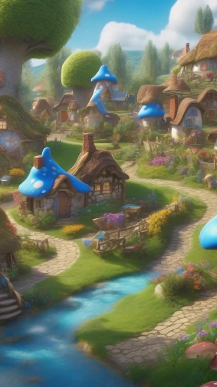 Delightful village filled with vibrant mushroom houses in various sizes scattered throughout lush green fields colorful blue smurfs busily going about their day gathering berries playing games painting flowers intricate details of charming cottages with whimsical curved roofs surrounded by blooming gardens under a bright blue sky fluffy white clouds drifting lazily above a sparkling brook babbling softly nearby adding to the enchanting atmosphere of this magical land filled with laughter and joy