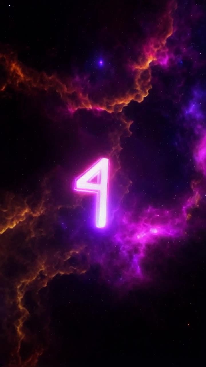 Mysterious glowing number floating in dark space Radiating vibrant colors as it pulses softly Surrounding nebulae swirl with brilliant hues of purple blue and gold creating an otherworldly atmosphere