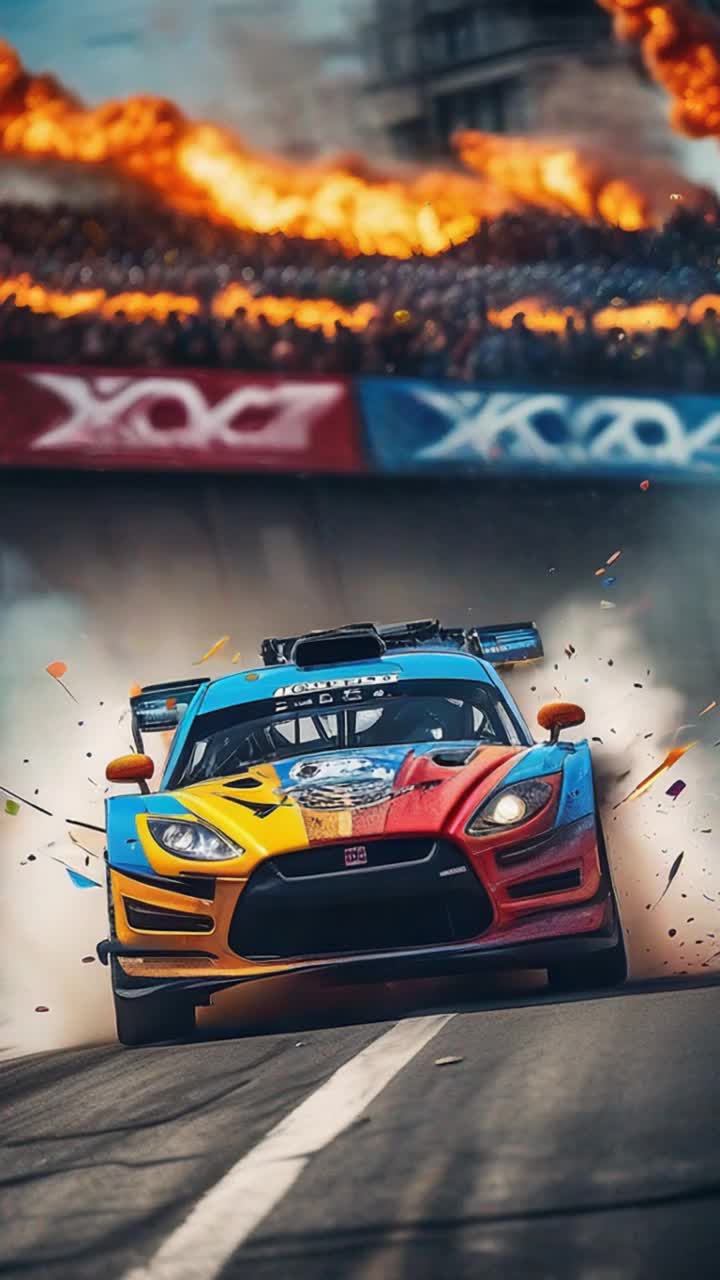 Vibrant race car adorned with colorful sponsor logos speeds fiercely on asphalt track Metallic engine roars as it veers sharply slamming into concrete wall Chaos erupts as flames ignite every inch of the vehicle creating a fiery explosion Spectators gasp in shock under a brilliant blue sky Exhaust fumes billowing in the air while debris rains down like confetti amidst the piercing roar of the crowd excitement The sun glints off shattered glass and twisted metal forming an unforgettable spectacle of destruction and adrenaline
