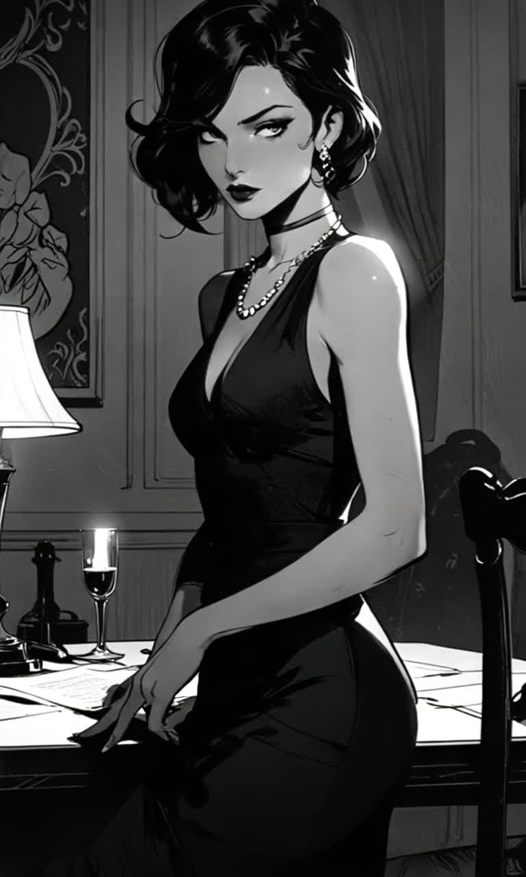 Radiant femme fatale stands confidently against an antique table exuding vintage charm Elegant art deco room envelops her aura as shadows play across walls She gazes intently absorbing whispered negotiations while a sly smile begins to form a dance of intrigue in her eyes Warm golden lighting accentuates her features enhancing the atmosphere of suspense The clinking of glasses from distant laughter adds a mysterious undertone to the scene