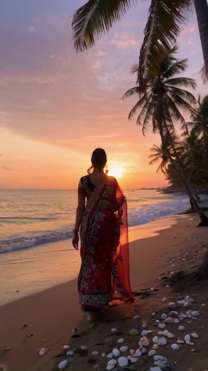 Elegant South Indian woman draped in vibrant sari adorned with intricate patterns strolls gracefully along sandy seashore waves gently lapping at her feet sun dipping low casting golden hues across sky and water palm trees swaying softly in the breeze seashells scattered along the shore glistening under warm light distant seagulls gliding effortlessly painting a picture of tranquility