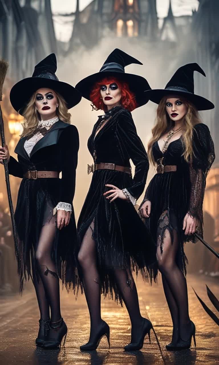 Three whimsical demonic creatures adorned in vibrant velvet suits lacy shirts and shiny leather shoes with gold buckles shuffle eagerly on stage Their mischievous eyes glimmer with anticipation as they vie for attention from a witchy haglike figure who stands confidently in a flowing witches gown oversized hat and striped black and white stockings She grips a broom like a scepter basking in the spotlight while exchanging playful glances Casting a kaleidoscope of colorful lights a retro game show set exudes funky patterns and psychedelic backdrops reminiscent of the 1960s allure making the scene both enchanting and hilariously chaotic
