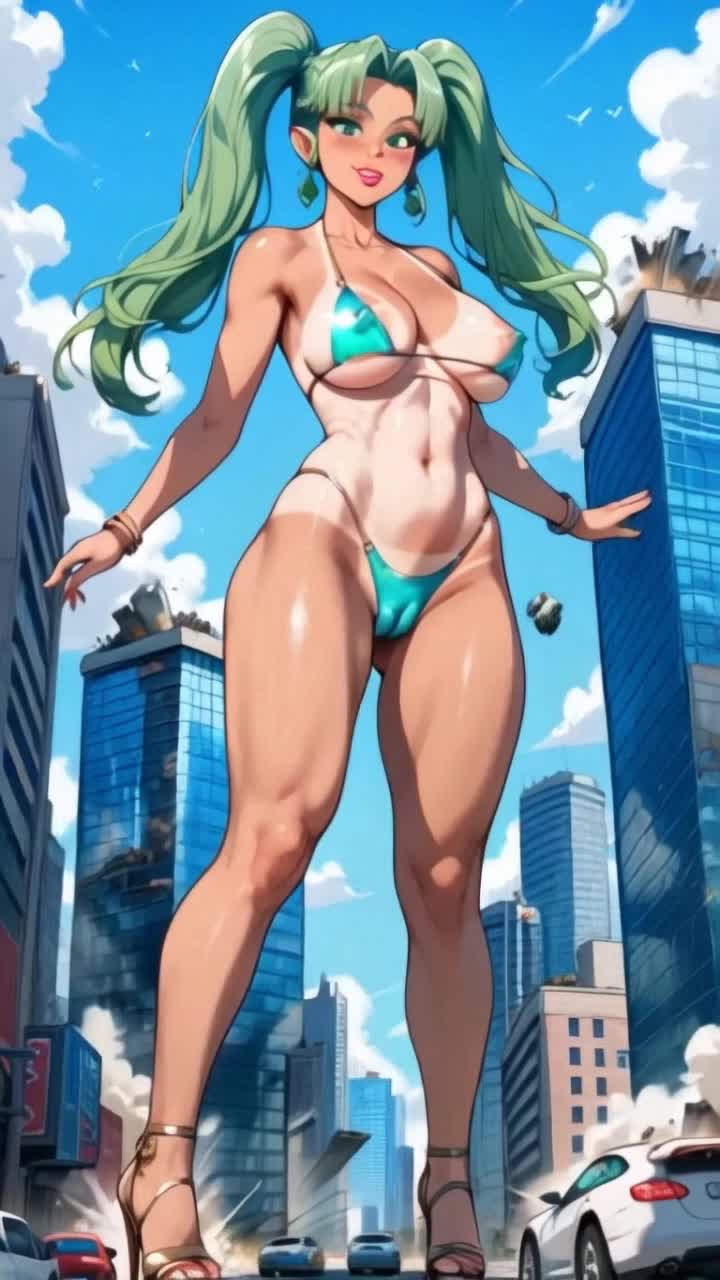 Majestic giantess with flowing hair and radiant beauty towers over the skyline Embodying strength she effortlessly stomps through buildings creating chaos and destruction Vivid cityscape below filled with crumbling skyscrapers and billowing clouds of dust as her footsteps shake the ground Sun sets in the background casting a warm glow on the scene while debris flies through the air enhancing the dramatic atmosphere Surrounding clouds reflect hues of orange and purple as the city succumbs to her might