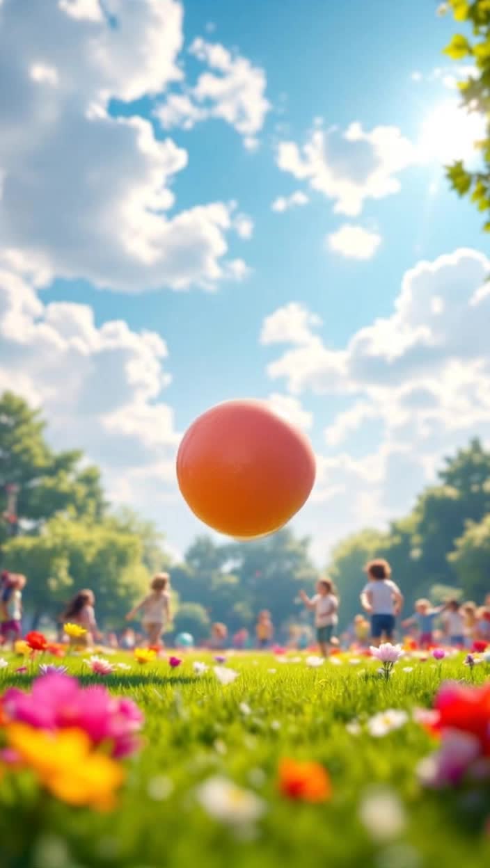 Bouncing ball leaps joyfully through vibrant park filled with lush green grass colorful flowers children laughing in the distance blue sky above with fluffy white clouds soft sunlight illuminating playful scene