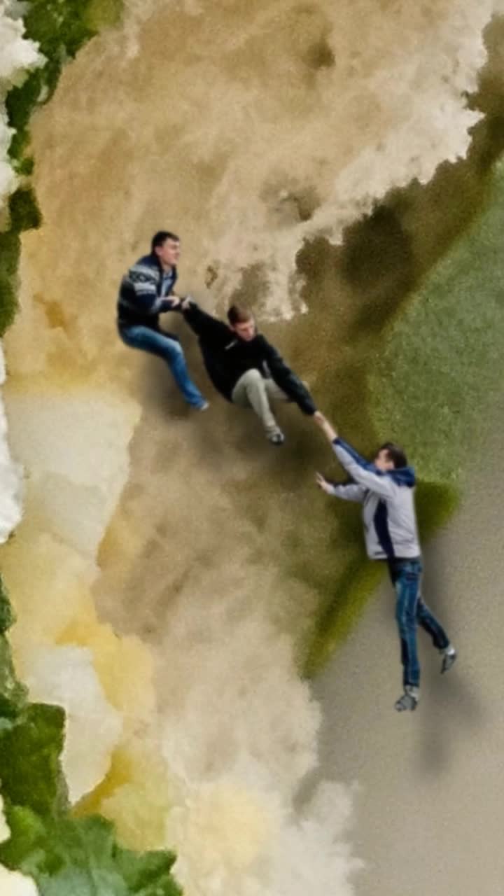 Three adventurous friends gripping each others hands with determination navigating steep rocky terrain under a vivid blue sky One friend pulls another up with a hearty laugh while the third encourages from below with a supportive shout Sunlight glints off the jagged rocks casting dramatic shadows as they scramble over boulders amidst patches of resilient wildflowers Fragrant pine trees sway gently in the breeze nearby creating a serene backdrop for their exhilarating ascent Excitement fills the air as they conquer each challenging obstacle together strengthening their bond amidst natures rugged beauty