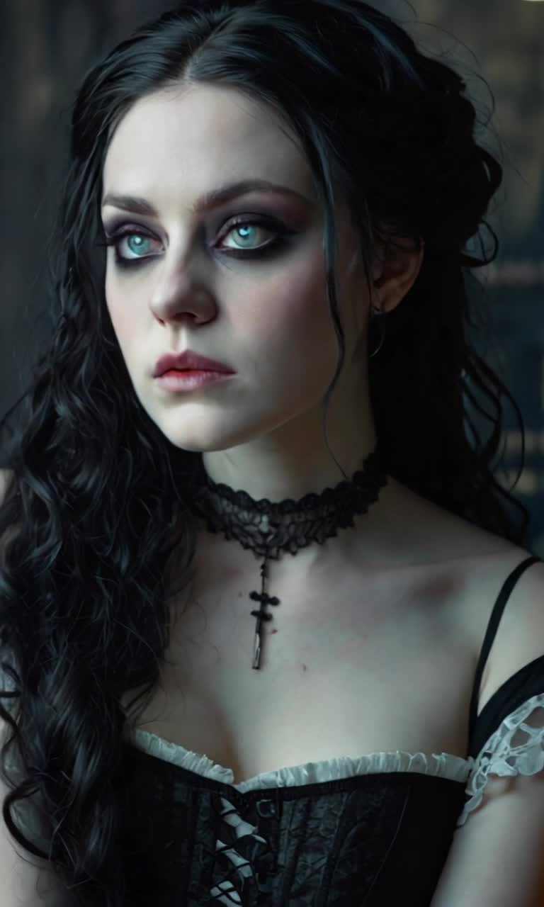 Woman with cascading black hair adorned in gothic attire pours her heart into a haunting melody Voice echoes powerfully like thunder resonating through a desolate forest Shadows dance around her as dark clouds swirl overhead Moonlight breaks through the branches illuminating her somber expression Eerie whispers carried by the wind enhance the atmosphere, creating an otherworldly vibe Mist rolls in from hidden depths, cloaking the scene in mystery Spectacular gothic architecture looms in the background, towering spires piercing the night sky Enchanting yet mournful energy envelops every note as she captivates unseen spirits