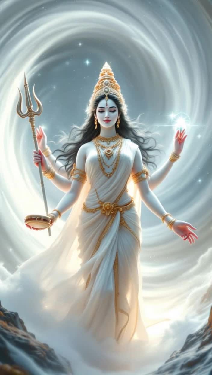 8K, HDR, seamless animation with fluid movementsThe celestial hum grows stronger A pure, radiant white light emanates from a swirling vortex in the center of the frame This isnt a blinding light, but one of pure, soothing luminescence, like moonlight on a clear nightFrom the vortex, a figure begins to formMAHAGAURI VO, echoing, gentleI am Mahagauri, the great goddess of purity, peace, and serenityThe figure resolves into the goddess MAHAGAURI She is exquisitely beautiful, her complexion a luminous, milky white, like a pearl She wears a pristine, flowing white sari with a delicate golden border Her ornaments are made of pure, sparkling diamonds and goldShe has four armsIn her right upper hand, she holds a gleaming TRIDENT TRISHULIn her left upper hand, a small, elegant DAMARU drum is heldHer lower right hand is in the ABHAYAMUDRA a gesture of fearlessnessHer lower left hand is in the VARADAMUDRA a gesture of bestowing boonsThe camera zooms in slowly on her serene, compassionate face Her eyes are halfclosed, radiating a profound sense of peaceSCENE ENDSCENE STARTEXT CELESTIAL LANDSCAPE  DAY8K, HDR, hyperrealistic renderingMahagauri is now shown gracefully seated on a pure white bull, named VRISHARUDHA The bulls coat is impossibly clean and shines with a soft light The landscape around them is a vibrant, verdant field filled with blooming white flowers, resembling jasmine Kunda A gentle, cool breeze rustles through the leavesThe camera circles Mahagauri and her bull, showcasing her divine grace and the immense power she holds in her peaceful form The trident and the drum glow with a soft, warm lightSCENE ENDSCENE STARTMONTAGE  FULFILLING DESIRESA series of short, animated vignettes Each one is a quick, highquality, 8K shot The transitions are seamless and fluidVIGNETTE 1 A devotee, looking troubled, is kneeling in prayer A soft, white light from above touches them Their face transforms, showing a sense of profound relief and peaceVIGNETTE 2 A field of dark, withered crops Mahagauris image appears as a shimmer of light in the sky Rain, pure and glowing, begins to fall, and the crops instantly become lush and greenVIGNETTE 3 A child is crying, lost and alone The image of Mahagauris gentle face appears in a ray of light, and the child is instantly filled with a sense of safety and calm Their tears stop, replaced by a soft smileSCENE ENDSCENE STARTEXT HIMALAYAN RIVER  DAY8K, HDR, beautiful and poignant animationThis scene is a flashback, telling the story of her originWe see a figure, GODDESS PARVATI, with a dark, ashcovered complexion She is weary from her long penance She is walking towards a sparkling river, the sacred GANGESAs she steps into the water, her form begins to shimmer and change The dark skin washes away, not as dirt, but as a separate, distinct form of energy that floats away and dissipates into the airParvati emerges from the water, her body now luminous and fair, her complexion like the moon She smiles serenely, reborn and purified The music swells with a sense of triumph and graceMAHAGAURI VOAfter my long penance, Lord Shiva bathed me in the holy waters My dark complexion was washed away, and I emerged as the one with a radiant, golden hue I became MahagauriSCENE ENDSCENE STARTINT DIVINE REALM  DAY8K, HDR, slow, majestic camera movementThe final shot returns to Mahagauri, now at the center of the screen The white bull is beside her, and the gentle, divine hum is at its peak A halo of pure white light surrounds her headThe camera slowly pulls back, revealing the vast, peaceful expanse of her divine realm The feeling is one of complete tranquility, purity, and benevolenceMAHAGAURI VO, strong, clearI am the one who purifies the soul I am the giver of peace, and the one who grants all pure desires Seek me, and you shall find clarity, serenity, and the strength to overcome all obstaclesThe camera continues to pull back until Mahagauri becomes a small, brilliant star in the vast cosmic expanse The sound fades to a single, resonant note, and then to silence