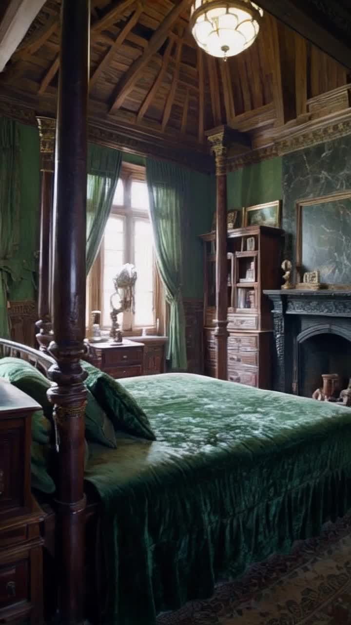  A replendant ancient English bedroom with beautiful wooden panneled walls and dusty crumbling wall hangings of predominantly dark green velvet There is a huge wooden tall four poster bed with rotting  green brocade fabric on the bed and on the bed frame a huge black  marble fireplace mantle with columns, there are ornate wooden carved dressers topped with marble and ornate wooden cabinets and shelves with antique books, there are sculptures and pictures , and such details as large ceramic pitchers, chamber pots a huge lovely antique wooden armoire dominates the room The windows are tall with leaden panes and rotted once rich looking green velvet draperies swaying