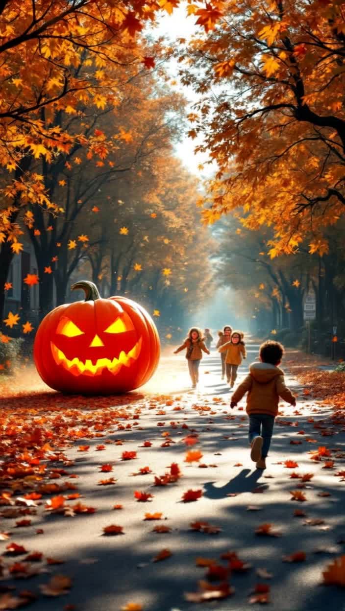 Massive glowing orange pumpkin with expressive carved face rapidly rolling after a group of joyful children laughter erupting from their small playful bodies darting away Down an autumnhued treelined street lined with colorful fallen leaves swirling in crisp air as sunlight filters through branches casting dancing shadows on pavement
