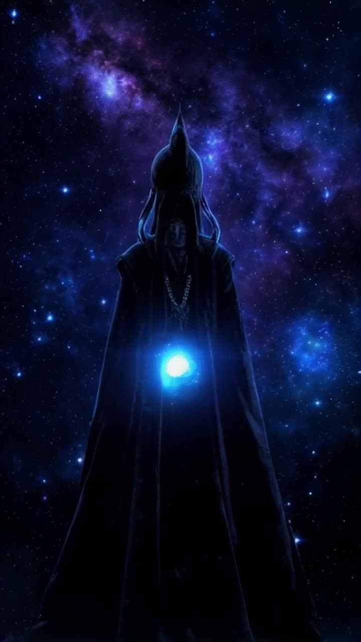 Ethereal figure cloaked in shadows wielding crackling blue energy orb propelling towards fierce witch surrounded by swirling dark mist spiraling away in defeat cosmic backdrop filled with twinkling stars and vibrant nebulae illuminating powerful confrontation shadows dancing dramatically across barren landscape asserting superiority over creeping darkness