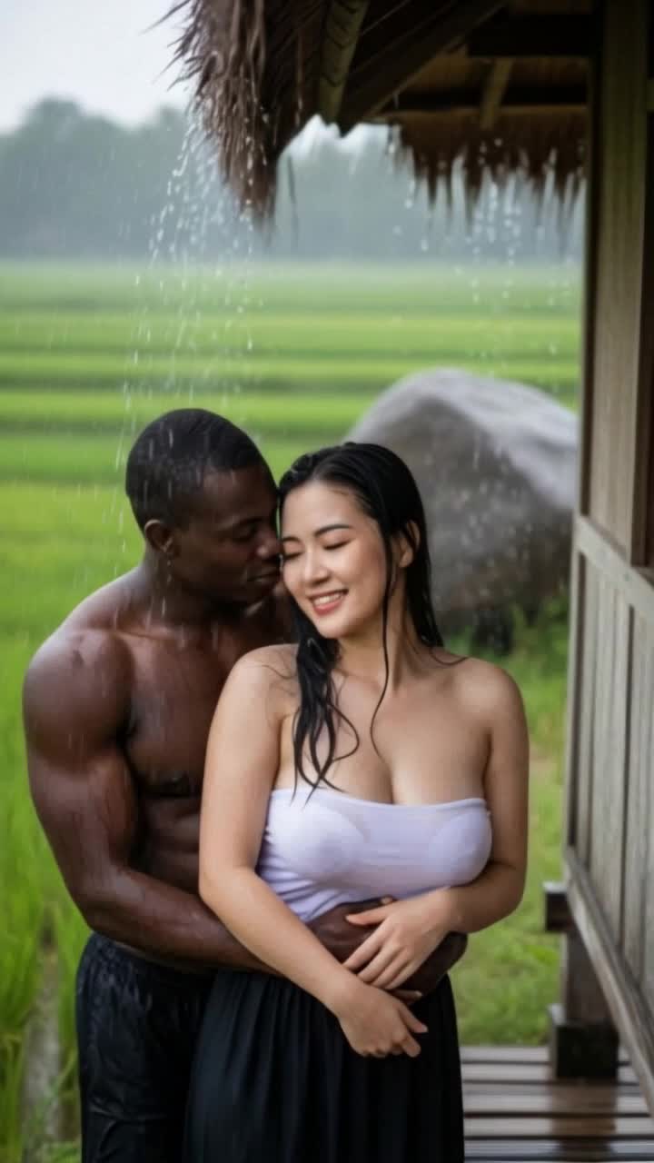 heavy rain, a mans hand massages a womans upper stomach