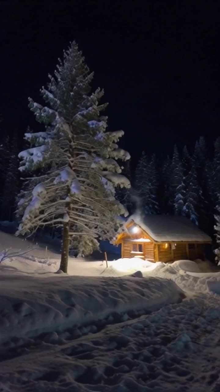 Snowy night in mountains, trees shimmering in moonlight with snow on boughs, light from nearby cabin brings hope, smoke from chimney, all is snowy and white by night 