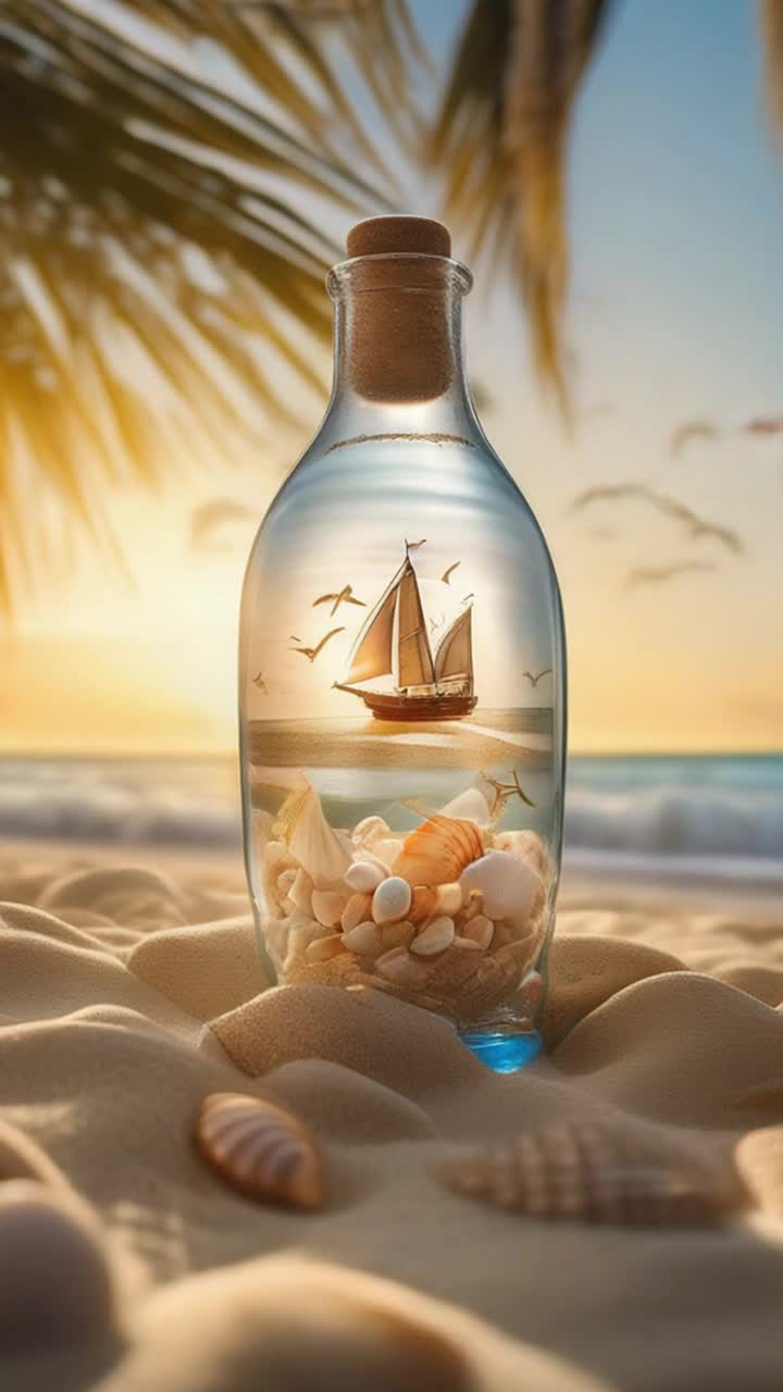 Delicate glass bottle cradling an intricately crafted ship sails glimmering under the sunlight gentle waves lapping at its base vibrant beach adorned with golden sand scattered seashells and glistening pebbles warm breeze rustling through palm fronds curious seagulls swooping down casting fleeting shadows playfully interacting with shimmering ocean tide inviting viewers to explore this whimsical treasure washed ashore