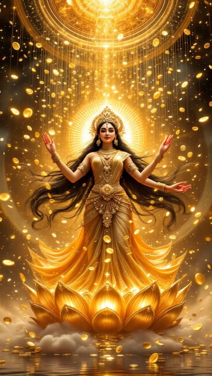 Goddess Mahalakshmi radiates opulence and grace as she emerges from a swirling vortex of golden light in an infinite cosmic space Ethereal veena melodies fill the air while a giant, shimmering golden lotus throne reveals itself adorned with floating gold coins and gleaming pearls With an enchanting presence, she rises wearing a resplendent sari embellished with intricate gold zari, her flowing hair crowned with exquisite flowers and a brilliant golden crown Coins cascade like shimmering rain from her hands, transforming into a dazzling display of gems and diamonds as the majestic Airavata showers purity above