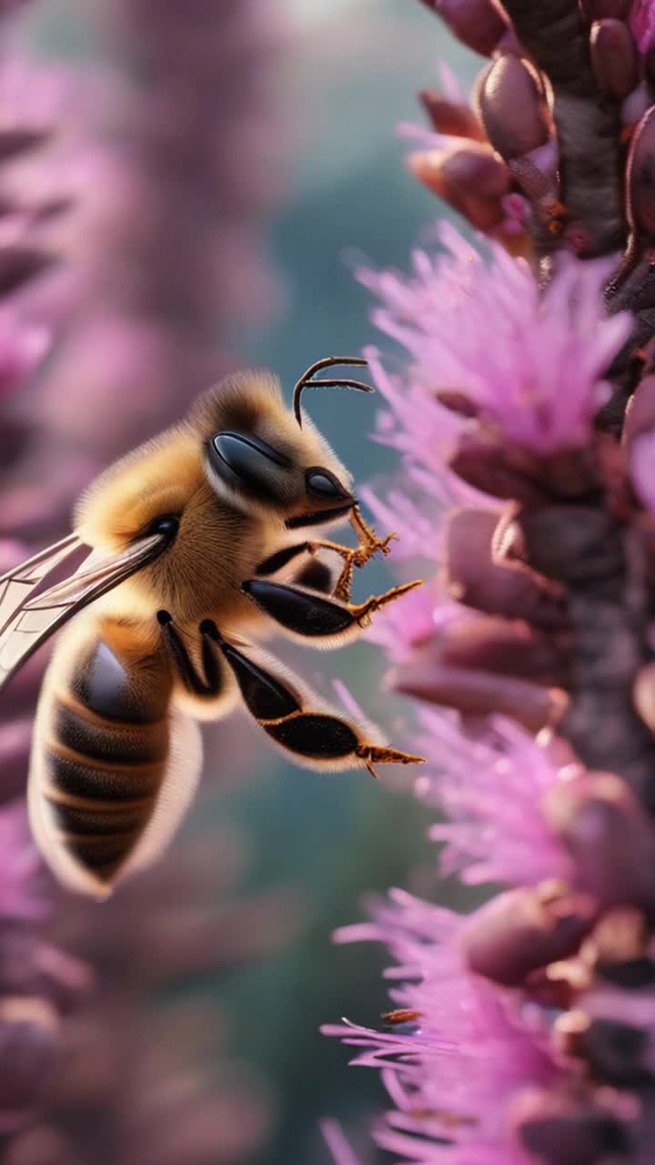 Hundreds of honey bees flying and annoying the blue dragon in the clearing of the pink pine forest