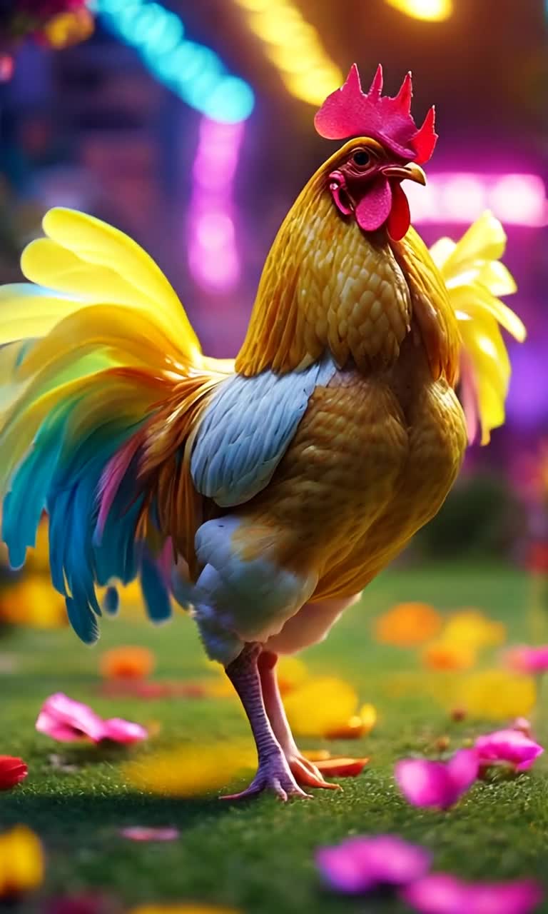 Colorful chicken twirling joyfully in a vibrant banana suit Striking amusing poses with flapping wings under bright disco lights Fun outdoor garden filled with colorful flowers swaying gently in a warm breeze