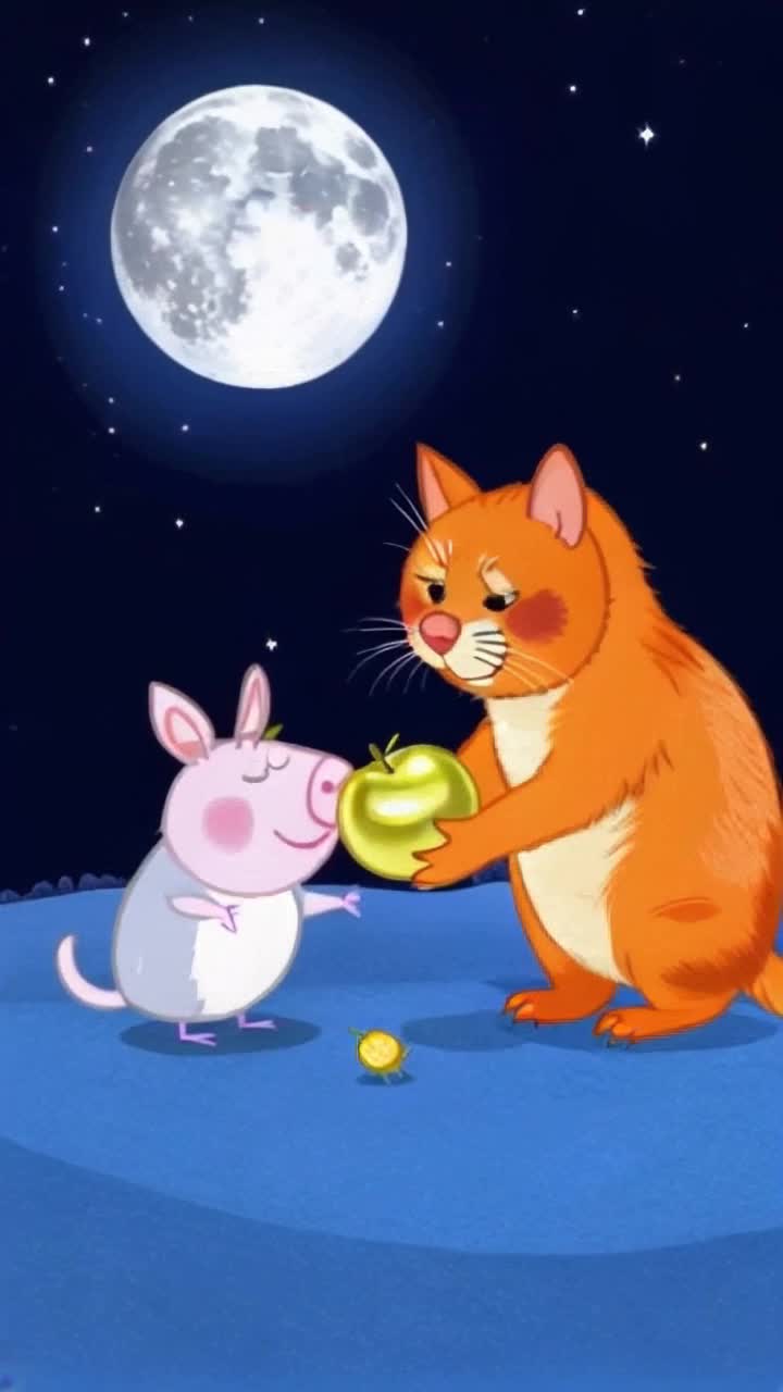 Tango, the orange cat, and Pipo, the pig, were best friends They played, shared food, and watched the stars togetherOne day, Pipo found a shiny golden apple Lets share it Pipo said happilyBut Tango wanted it all That night, while Pipo was sleeping, Tango quietly ended Pipos life and took the apple for himselfTango sat alone under the moon, holding the apple, but now he had no one left to share it with