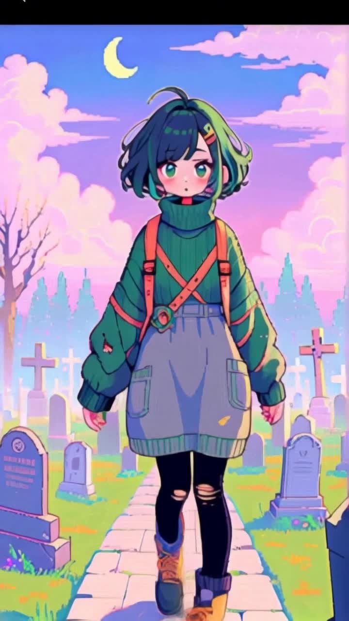Quizzical girl walks through an eerie graveyard, pink and purple sunset sky, slow zoom out motion, 4k high resolution, 1080 pixels, description by csherriereevoices 