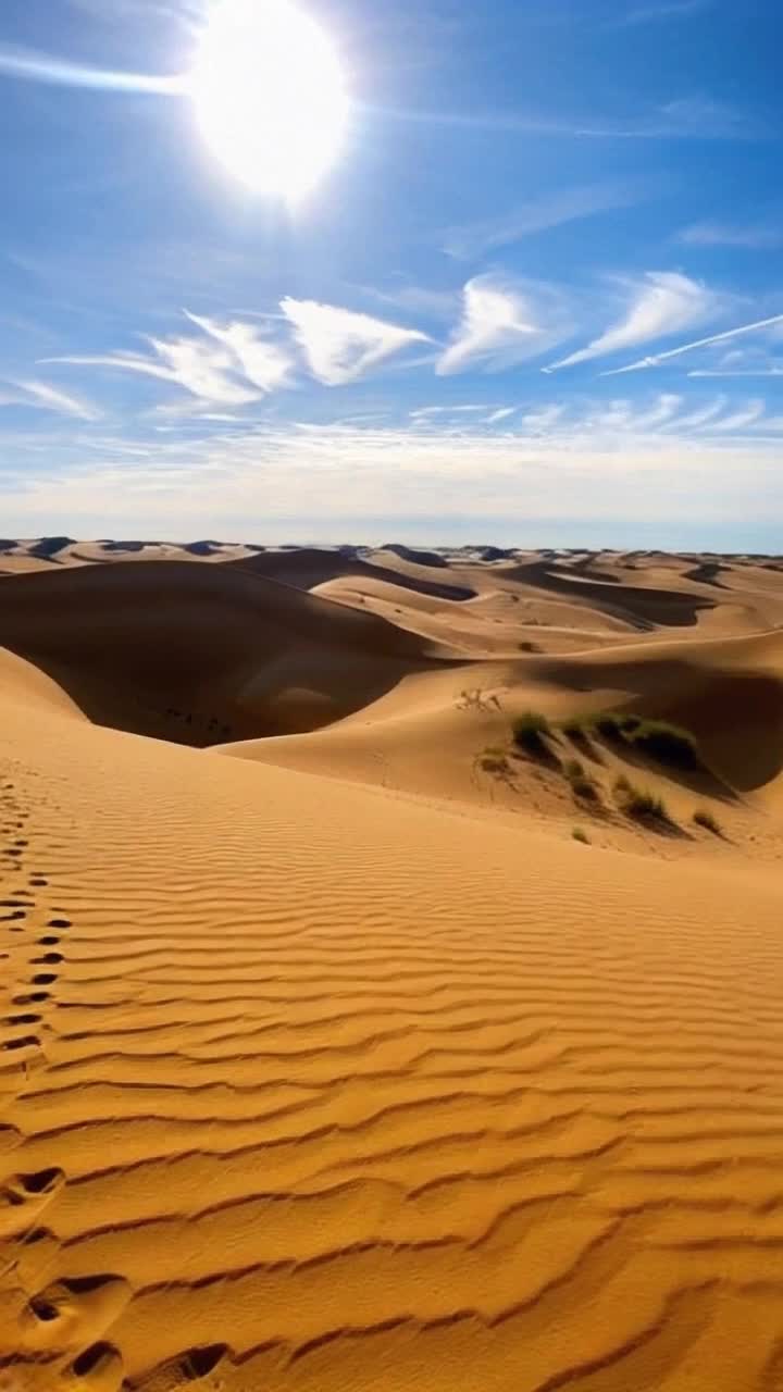 Rippling dunes of golden sand sculpted by time whispering winds caressing each crest shifting gracefully under a radiant sun Tendrils of wind dance across the surface creating ephemeral patterns like brushstrokes Azure skies stretch infinitely overhead accentuating undulating formations rising and falling Shadows play lightly as grains cascade down like tiny diamonds glistening in sunlight Footprints of wanderers etched momentarily before erasure reminding of natures seamless artistry Sparse tufts of resilient grass cling stubbornly to life