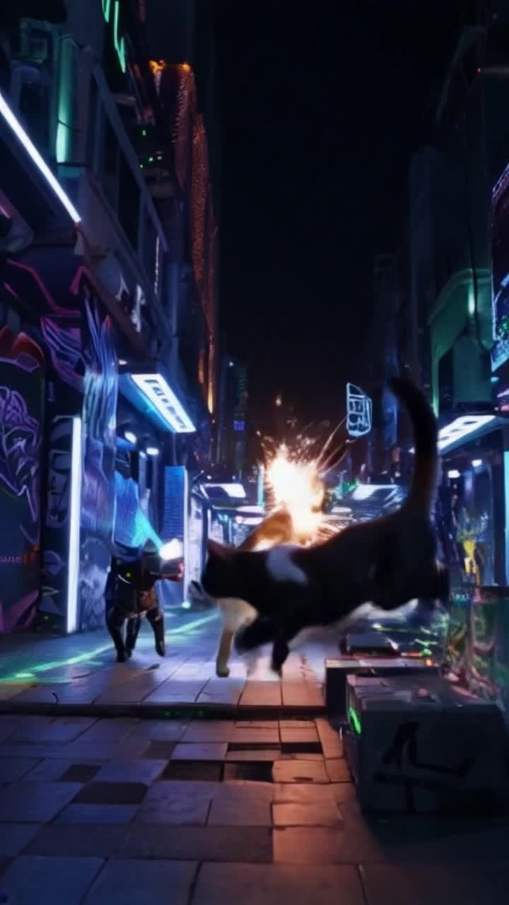 Two sleek agile cats equipped with futuristic gadgets engage in a fierce showdown wielding laser blasters and explosive drones Fur bristled and eyes narrowed they dart around a hightech urban landscape dodging neonlit obstacles Sparks fly as they clash amidst a dazzling array of holographic projections illuminating the night Metal clangs as they leap over barricades racing through dark alleys filled with graffiti and flashing screens Their playful yet intense rivalry unfolds in a chaotic ballet of technology and instinct as onlookers gasp at this extraordinary feline duel in an electrifying cityscape