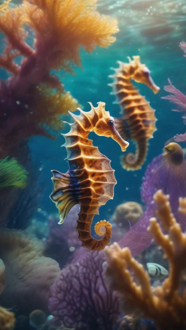 Colourful iridescent seahorses gracefully swim in fluid motions shimmering like jewels in the water Bright sunlight filters through ocean waves creating dappled patterns on the sandy sea floor Coral reefs burst with vibrant colors surrounded by schools of shimmering fish Soft ethereal light dances around as bubbles lazily drift to the surface creating a dreamlike underwater world