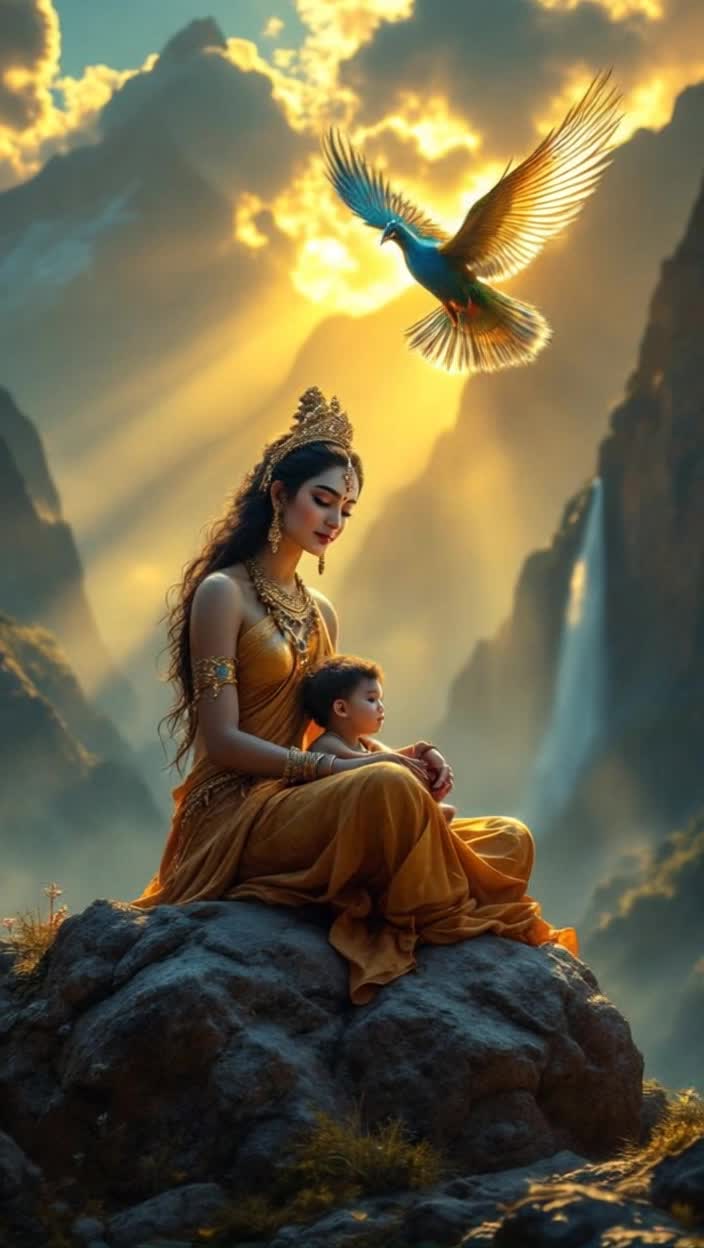 Heres a reel script for your given sceneReel Script Goddess SkandamataDuration 2025 secondsMusic Calm, melodious, and divine instrumental music such as a flute or veenaAudio Gentle sound of wind, slow sound of a waterfallShot 1 05 secondsScene The camera slowly pans upward, with rays of golden sunlight streaming down through the clouds A wide shot of the majestic and serene peaks of the HimalayasText on screen The fifth day of NavratriShot 2 512 secondsScene The camera zooms in Goddess Skandamata is seated on a rock Her face is extremely calm and compassionate She holds her son, Skanda, in her lap, who looks up at her Focus on the tenderness and peace of motherhood in this shot Shot 3 1218 secondsScene Suddenly, a huge and majestic peacock flies into the frame, its wings spread Iridescent colors shine on its feathers, and its flight casts a golden glow in the air The camera follows the peacocks graceful flightShot 4 1825 secondsScene The camera again shows the entire divine scene  Goddess Skandamata, her son, and the flying peacock High mountain peaks and waterfalls are clearly visible in the background This shot is a powerful blend of peace, strength, and loveText on screen Mother Skandamata Symbol of motherhood, strength, and loveMusic The music slowly fades out