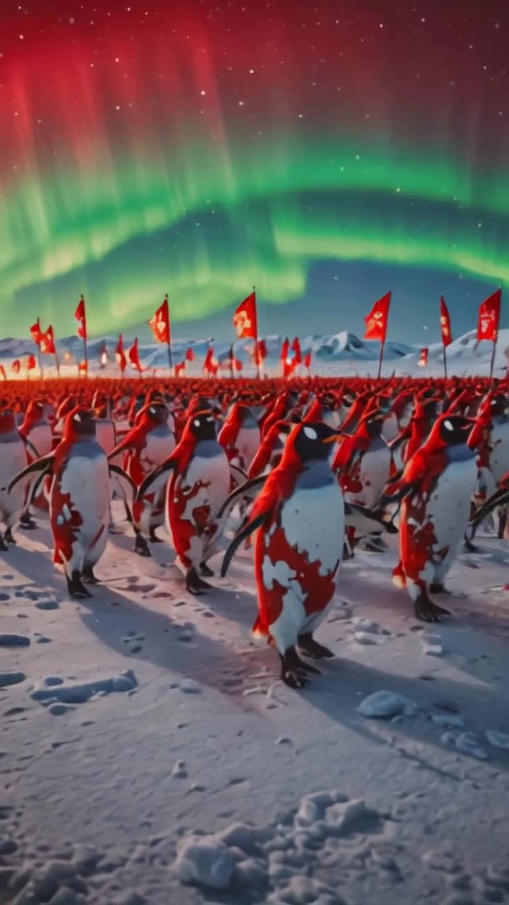 Penguin soldier parade, wearing red, and white camo, in the antarctic, aroura, flags