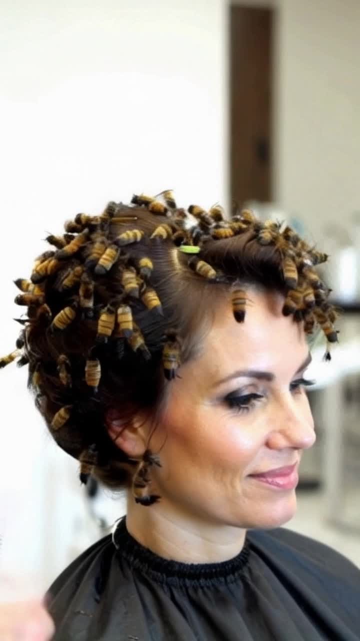 In a bustling hair salon, a brilliant stylist skillfully creates a stunning beehive hairstyle, transforming the clients ordinary hair into a majestic masterpiece of elegance and style The beehive hairstyle is made from real bees With every turn of the head, the beehive hairstyle, made from real bees, exudes timeless glamour, inviting viewers to embrace their own creative styles and experience the magic of this iconic look Made from real bees