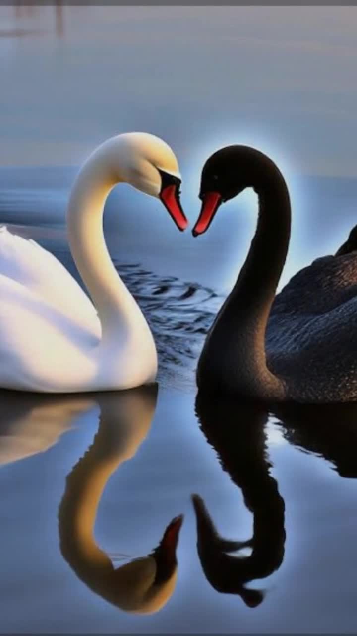 Two elegant swans one black shimmering in sunlight other pure white gliding gracefully through crystalclear lake water Creating a perfect heart shape with their intertwined necks Surrounded by vibrant blooming flowers lush green trees and gentle ripples reflecting blue sky Warm sunlight dappling through branches adds a magical glow to serene scene