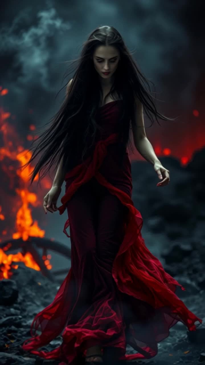Woman with flowing hair glowing in moonlit aura, she strides gracefully forward as forceful possessed breeze dances around her presence, flames and swirling smoke flicker and writhe behind her drawn to her enchanting movement creating a mesmerizing contrast against the vibrant backdrop of an evening fiery sky