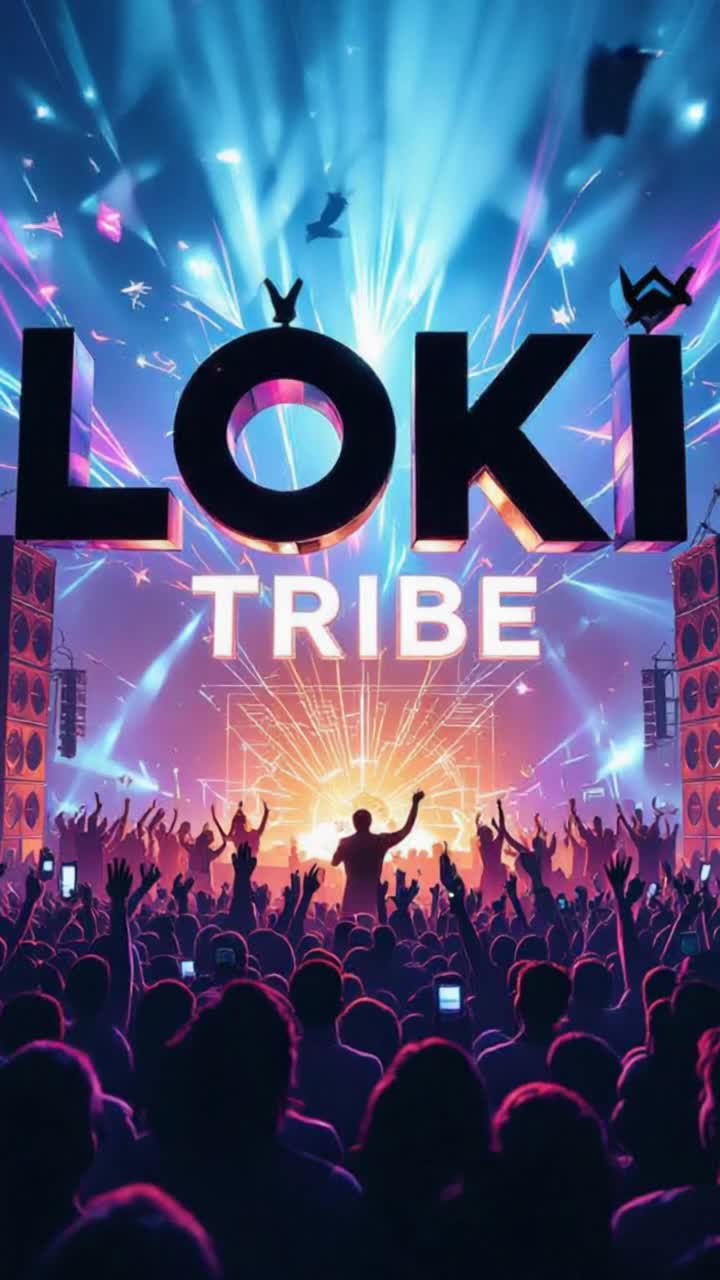 Colorful light show, dancing crowds, massive rave 