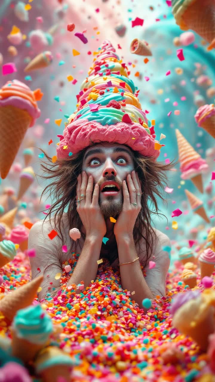 Wild man with wild hair eccentric features wearing oversized hat crafted from vibrant neapolitan ice cream bolts across the scene exuding chaos and energy surrounded by a swirling vortex of candycolored confetti and surreal floating ice cream cones bouncing off otherworldly landscapes filled with oversized desserts and whimsical creatures creating a bizarre carnival atmosphere bursting with excitement and vibrant colors