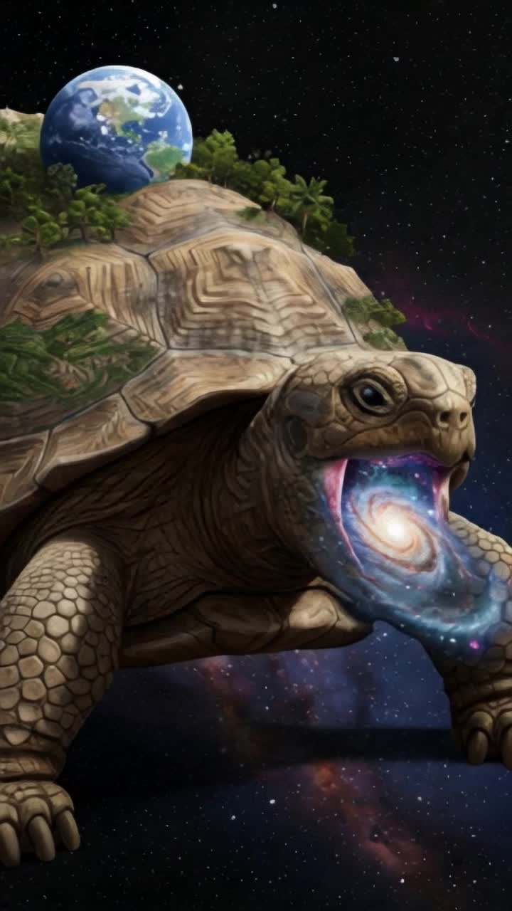  a colossal tortoise, its shell intricately carved with ancient symbols and landscapes, bearing the entire Earth on its back, consuming a swirling galaxy The creatures eyes gleam with a faint, ethereal light