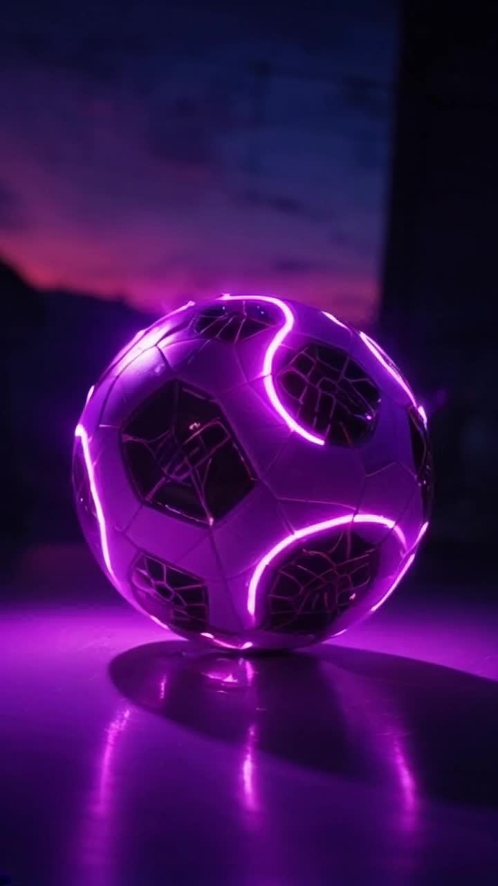 Vibrant purple soccer skin glimmering with intricate designs glowing fiercely in luminescent purple lighting flickering around it casting enchanting shadows on smooth surface pulsating softly like a heartbeat creating an ethereal atmosphere with hints of twilight sky blending in fadeout hues adding depth to surrounding space enhancing the majestic aura of the skin mesmerizing viewers as it rotates slowly inviting admiration and sparking imagination invoking dreams of victory on grand stadiums overflowing with excitement passion and energy