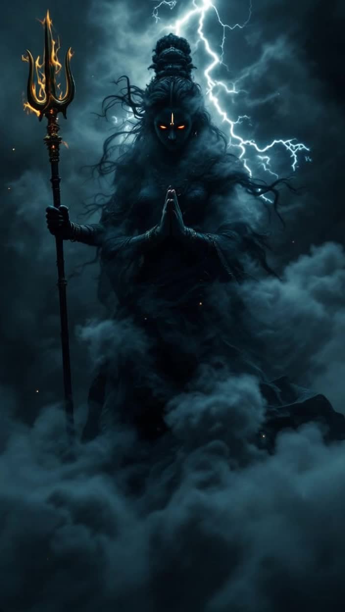 Devotee shrouded in shadows, eyes filled with despair, surrounded by swirling dark smoke, slowly folding hands in prayer Intense plea for protection echoes in silence Darkness thickens, tension rises Lightning bursts through gloom, illuminating fierce form of Mother Kaalratri with deep black complexion and fiery eyes She emerges with fierce grace, powerful aura radiating, trident and sword ablaze, earth trembling beneath each step Negative forces shatter with each strike, smoke disperses, dynamic lighting and action swirl around her Devotee awakens to newfound clarity, light enveloping him as Kaalratri blesses, a divine embrace of strength and affection