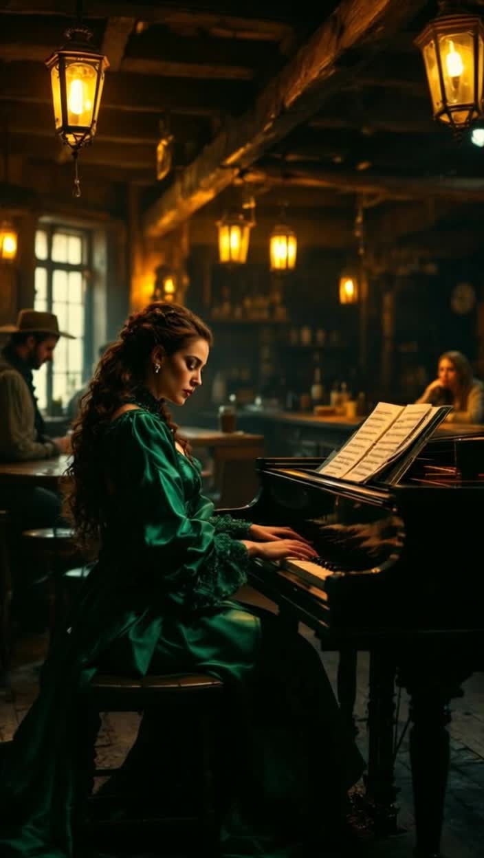 A saloon WOMAN in a tavern with a stage, wears shades of green silks and velvet, sits at a harpsichord, playing it vigorously while another almost adult woman modestly dressed sings for her supper Cowboys sit at their tables and at the bar, quietly contemplating her sad words