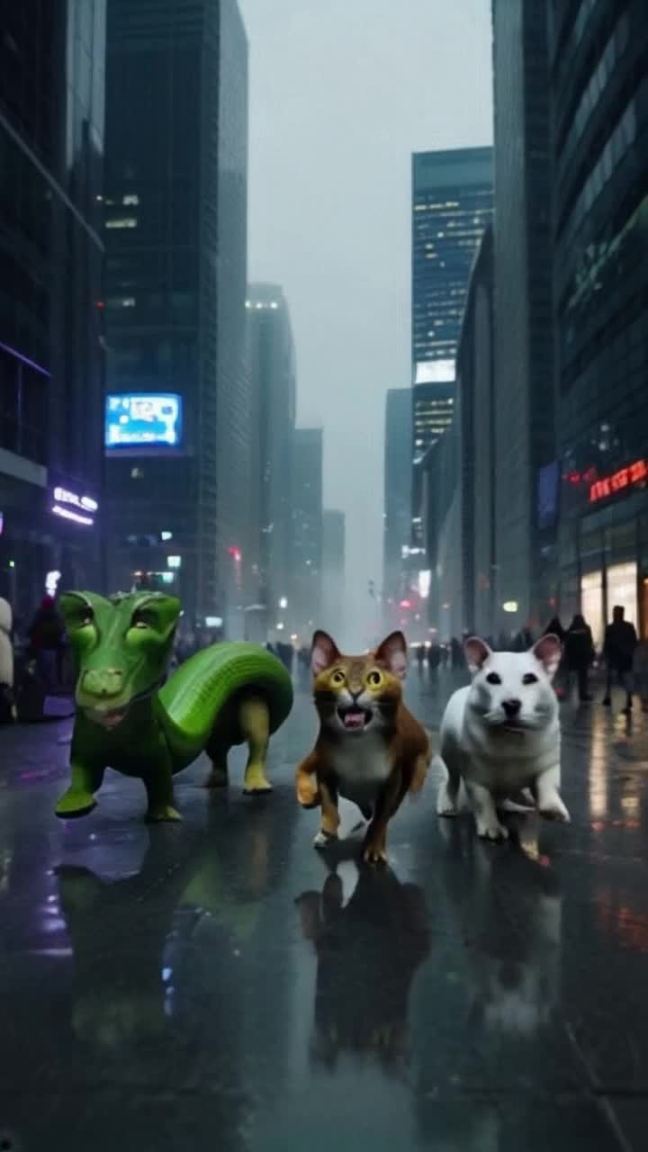 Four unique creatures intertwine seamlessly  a slithering snake vibrant with greens, a sleek cat with striking yellow eyes, a scrappy rat with a mischievous grin, and a steadfast dog radiating loyalty Each animal glides through a swirling fog, their movements synchronized in a mesmerizing dance Surrounding this scene, a bustling urban landscape reveals towering skyscrapers under a dusky sky illuminated by neon lights Silhouettes of partygoers pulse to a heartbeat rhythm, while upbeat music echoes through narrow alleys In the center, a gleaming refrigerator stands fruits and wholesome meals